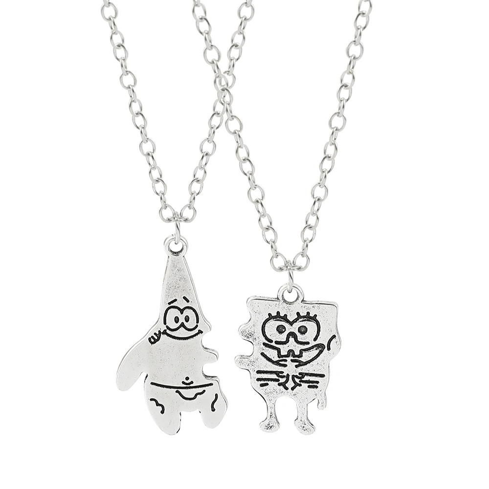 

BFF SpongeBob SquarePants Pendant Necklace Patrick Star Figure Silver Plated Neck Chain Necklace for Best Friend Jewelry Gifts