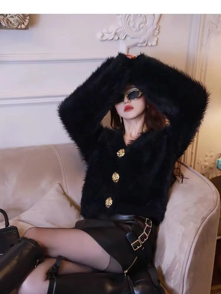 Женская норковая короткая куртка-свитер с v-образным вырезом вязаный кардиган