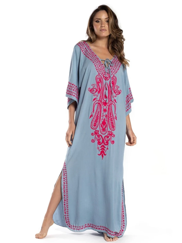 

Kaftans for Women Embroidery Maxi Beach Dresses Short Sleeve Summer Swimsuit Cape Bikini Cover Ups Holiday Bathing Suits Sales!