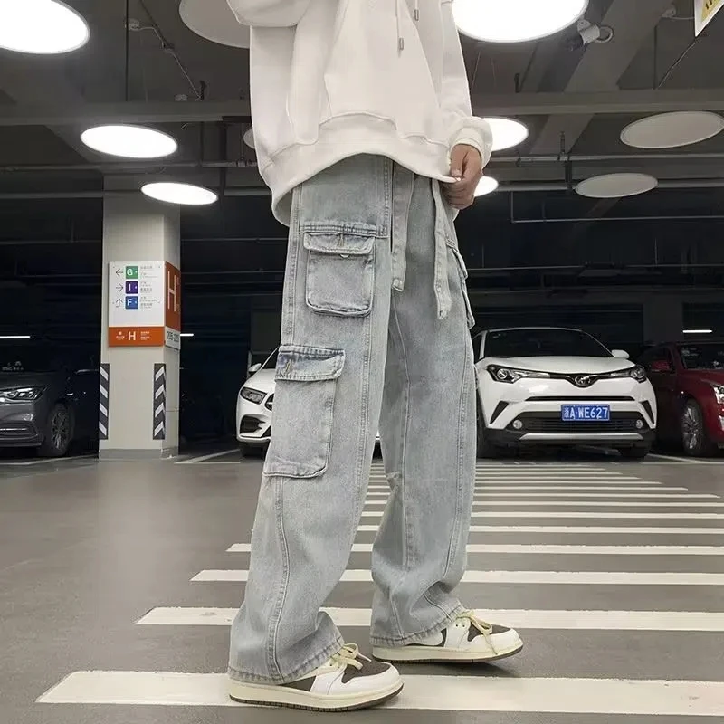 Korean Streetwear Hip Hop Harajuku Oversize Baggy Cargo Jeans Trousers Male Denim Pants Black Wide Leg Pants Men's Jeans