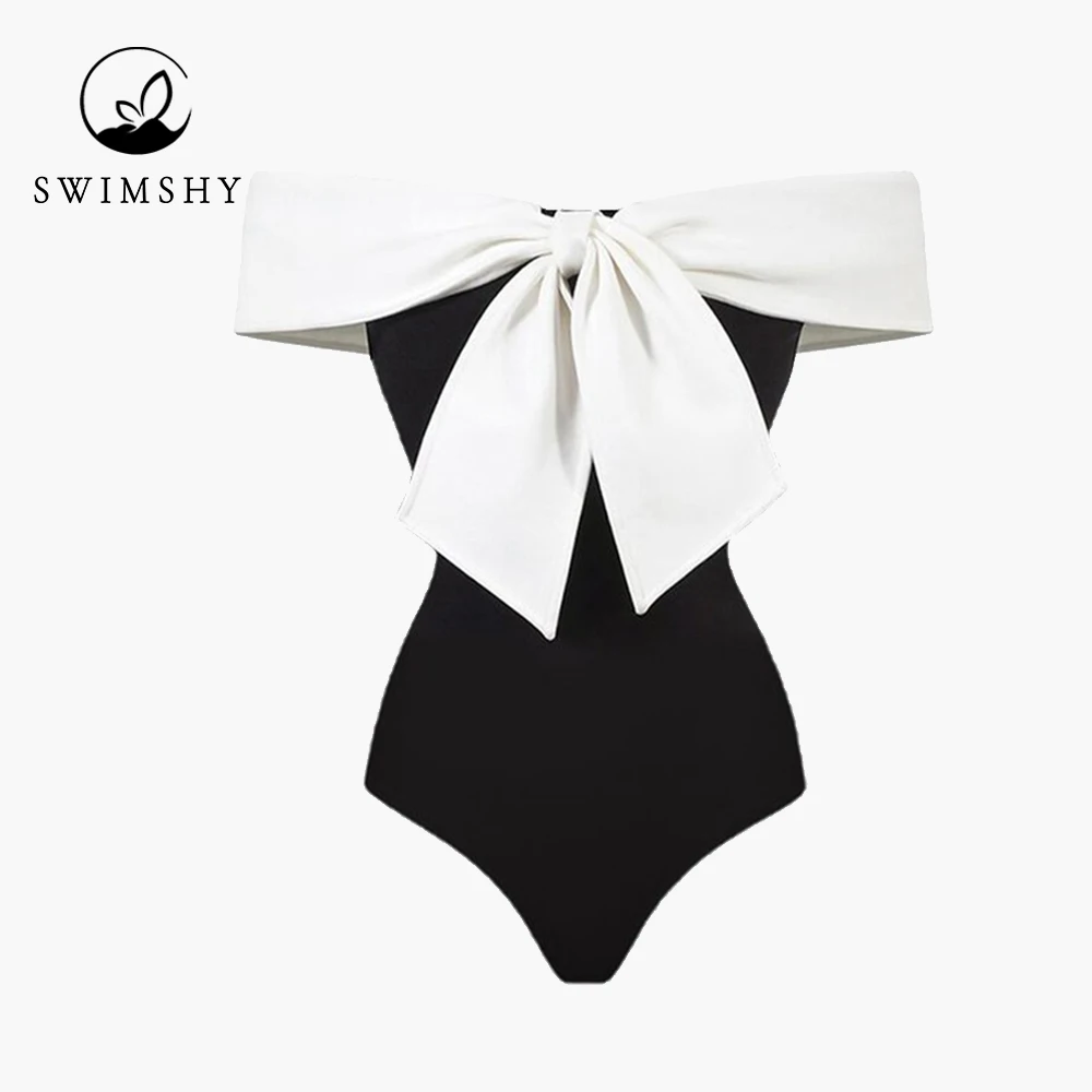 Fashion Solid Color Bow One Piece Swimsuits Chic The-shoulder Swimwear Vacation Beach Outfits Surf Wear Luxury slim Bikinis 2022