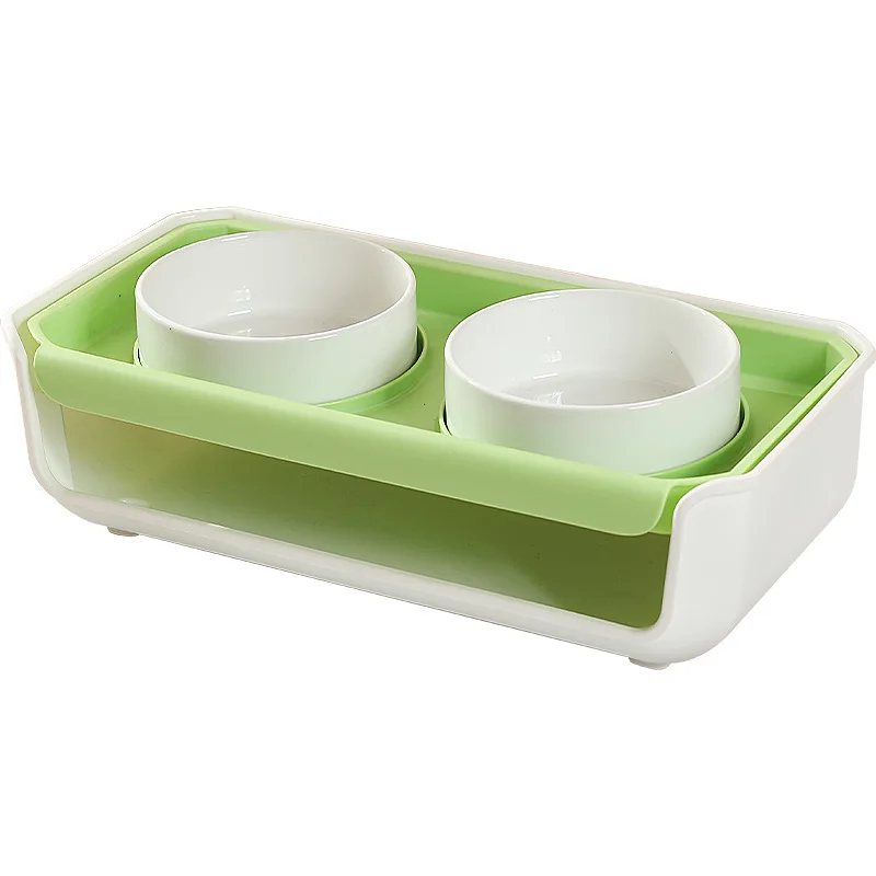 

Ceramic Cat Bowls, 2 Layer Double Dog Bowls Height Adjustable Pet Feeder with Snack Storage Place Small Dog Supply