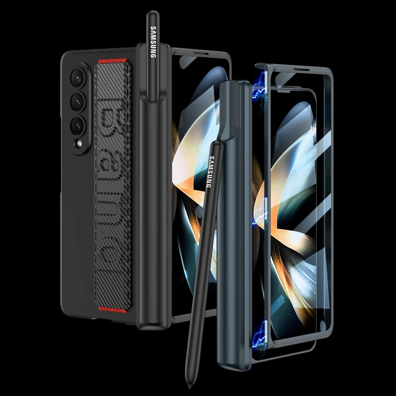 Magnetic Hinge Pen Holder Protective Case For Samsung Galaxy Z Fold 4 5G Fold4 Case with Wrist Band Glass Film Hard PC Cover