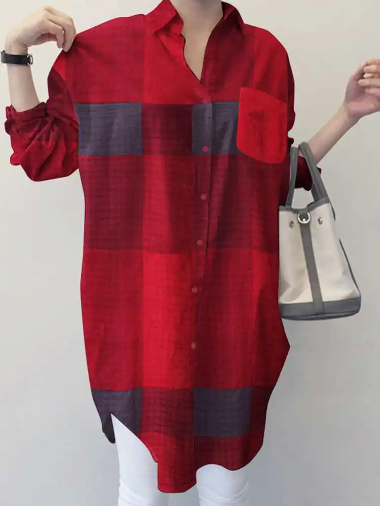

2022 Baggy Button Up Tops Oversized Women Shirt Long Sleeve Blouse Vintage Plaid Tops Tunic ZANZEA Office Lady Blusas Femininas