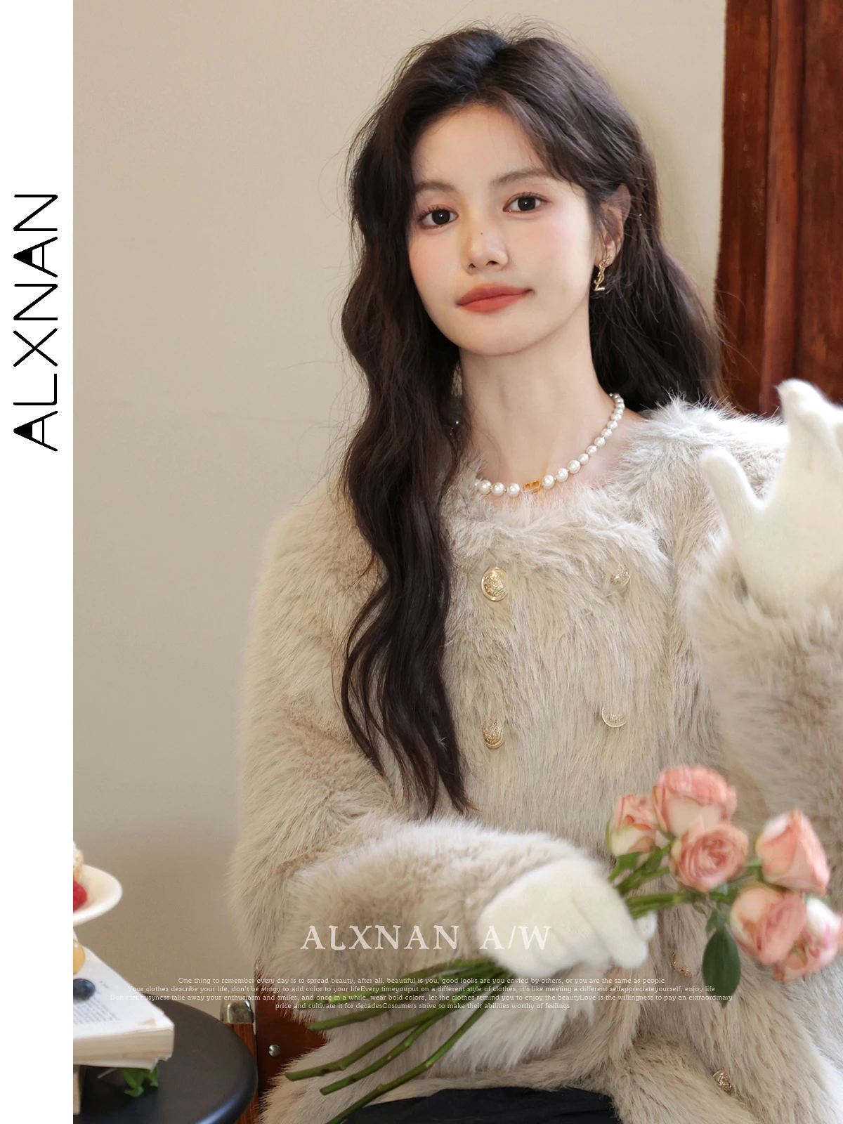 ALXNAN элегантное серое свободное пальто из искусственного меха 2024 осень-зима