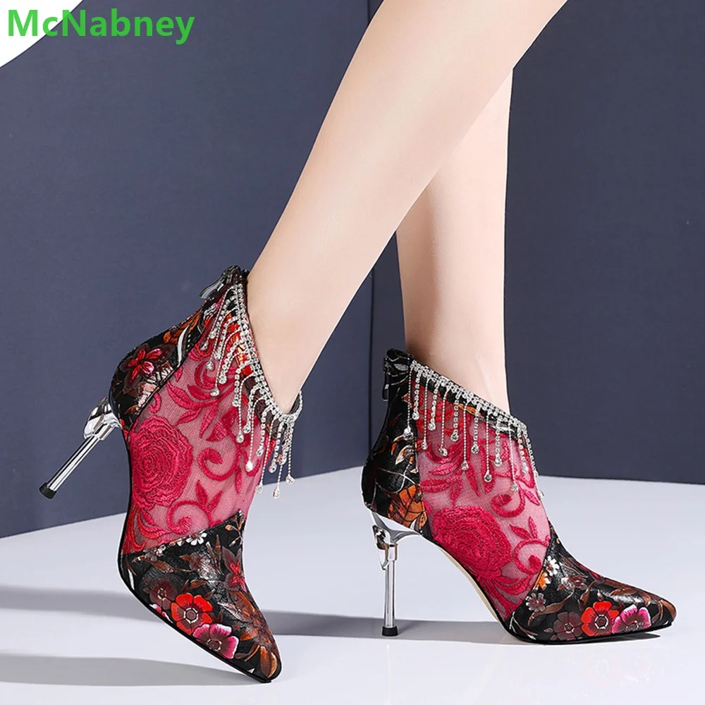 Patchwork Fabric Mesh Embroidery Boots For Women Crystal Design Back Zipper Ankle-High Pointed Toe Thin High Heel Female Shoes