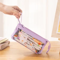 angoo transparent pencil bag pen case cute cartoon design with handle storage pouch organizer for stationery school a7154