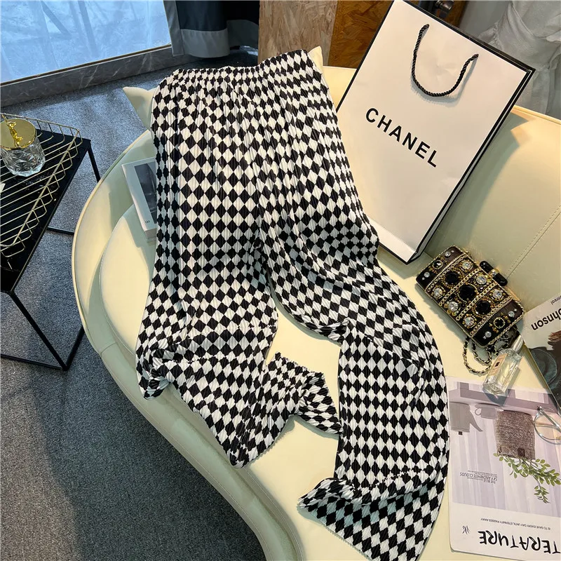 

Модные брюки с широкими штанинами, Женская Осенняя шикарная уличная одежда с высокой талией, винтажные клетчатые брюки в шахматную клетку, ...