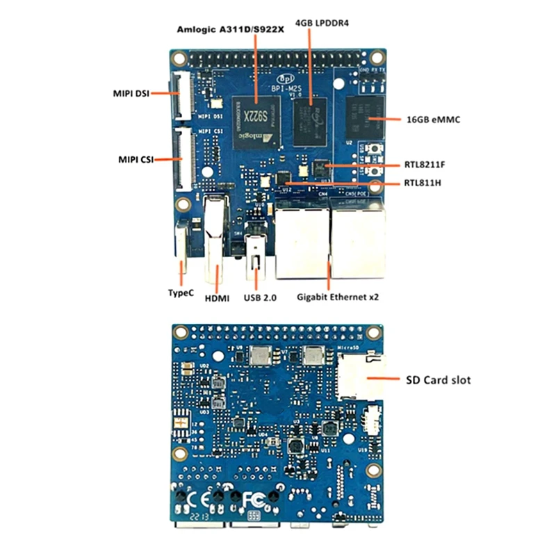Плата разработки EMMC для Banana Pi BPI-M2S S922X 4 ГБ LPDDR4 RAM 16