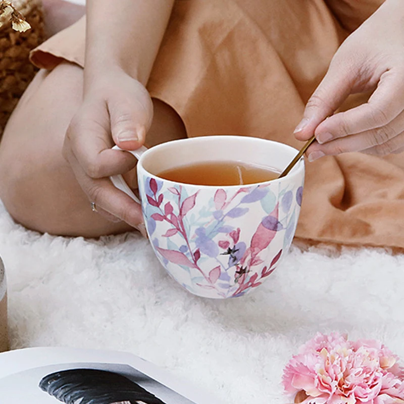 

Pastoral Style Mug Porcelain High Bone China Birds And Flower Teacup Household Breakfast Milk Cup Coffee Cups Small Fresh Mugs