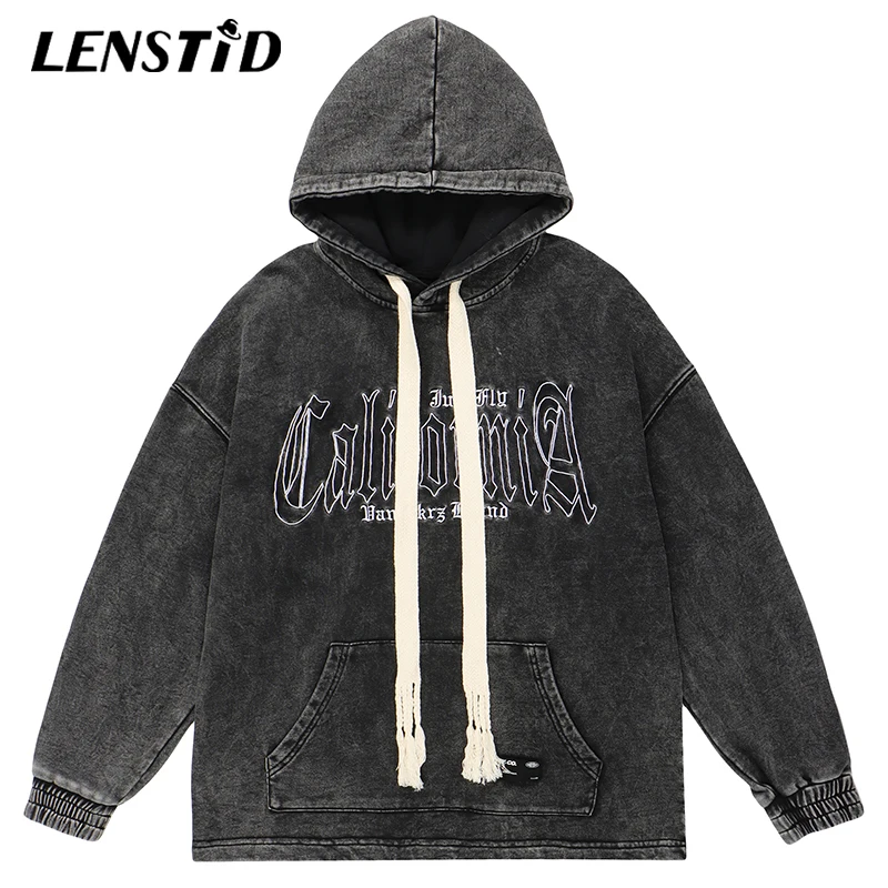 

LENSTID Autumn Men Washed Pullover Hoodies Hip Hop Letter Embroidery Vintage Streetwear Harajuku Casual Cotton Hooded Sweatshirt