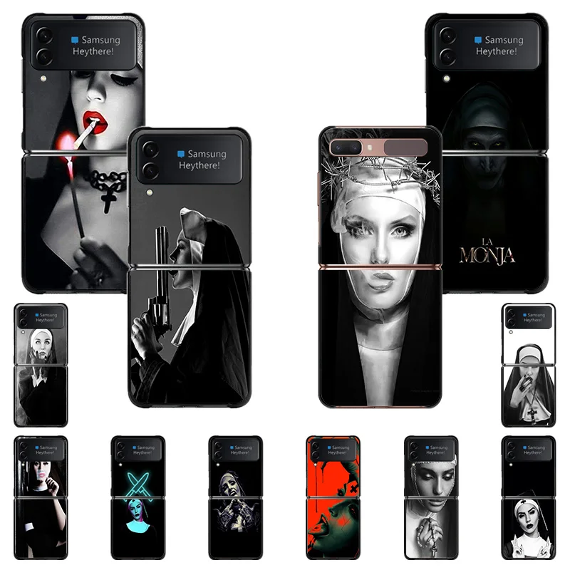 

Hard Black Phone Cases for Samsung Z Flip4 FLIP3 5G Flip Jesus Nun Sister Pattern Galaxy ZFlip4 ZFlip3 Cover