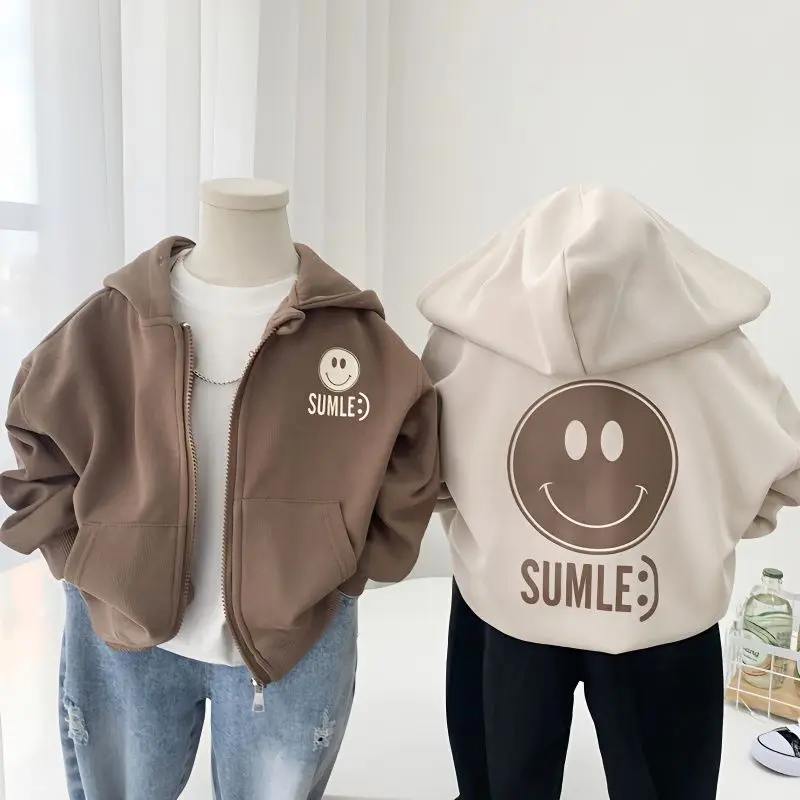

Boy's Spring Coat New Western Style Hooded Sweater Children's Casual Cotton Smiley Face Tup Cardigan