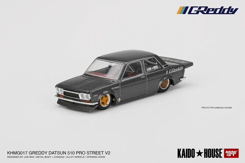 

Kaido House + MINIGT 1:64 Datsun 510 Pro Street GREDDY Gun Metal Grey KHMG017 LHD Car Model Boy Toy model