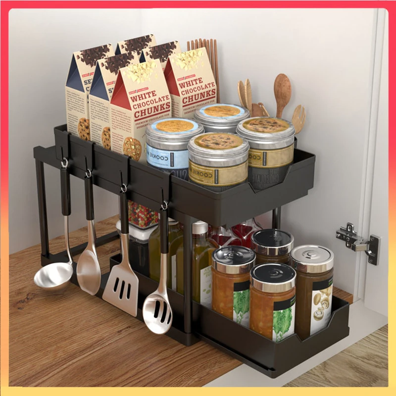 

Pull-out Double Storage Rack Kitchen Sink Storage System Countertop Spice Rack Simple Kitchen Food Rack