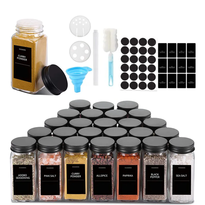 

12pcs Seasoning Bottle Set 4oz Square Spice Bottle Black Silver Aluminum Lid Seasoning Jar Kitchen Barbecue Herb & Spice Tools