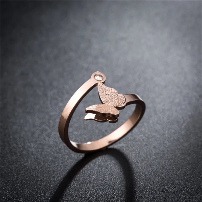 

Fashion Titanium Steel Open Butterfly Ring Simple Rose Gold Double Layer Frosted Butterfly Ring Wholesale