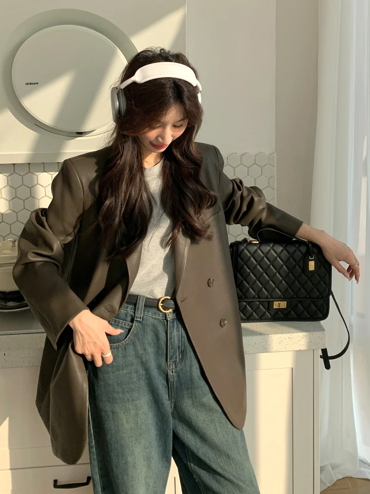 Korean Sle Coffee Color Suit Leather Coat Outerwear Women Autumn 2024 New High Sense Small Loose PU Casual