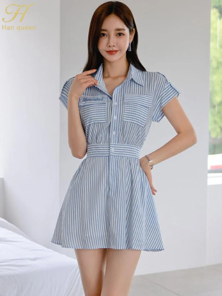 

H Han Queen 2023 Summer Fashion Striped Shirt Dresses Korean Vintage Vestidos Elegant Chic Slim A-Line Office Party Casual Dress