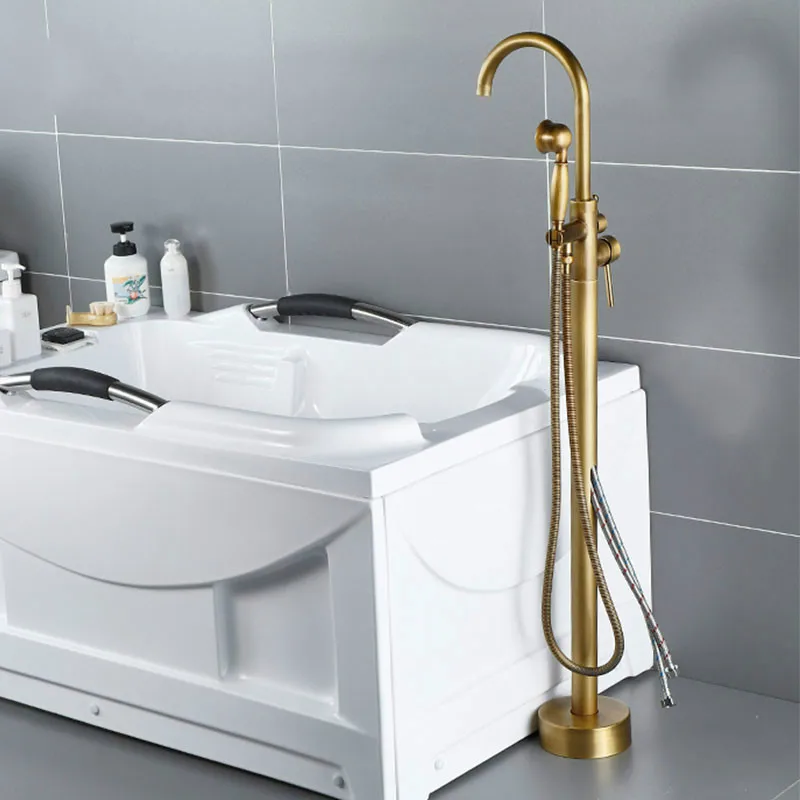 

Brass Bathtub Faucet Swive Spout Tub Mixer Tap with Handshower Bath Shower Mixer Floor Standing Bathtub Faucet Antique bronze