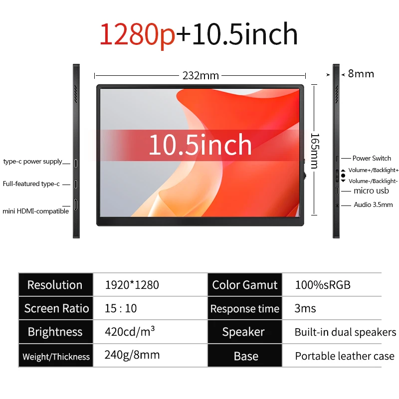 10.5Inch 1920x1280p FHD Portable Monitor Display 100% sRGB 420nits Brightness for Laptop PC Xbox Switch Gaming Monitor PS4/5 images - 6