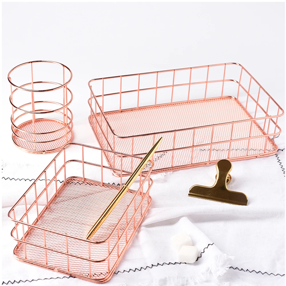 

Office Desk Table Mesh Square Pencil Pot Cup Case Container Organizer Rose Gold Metal Pen Holder Home School Storage Basket