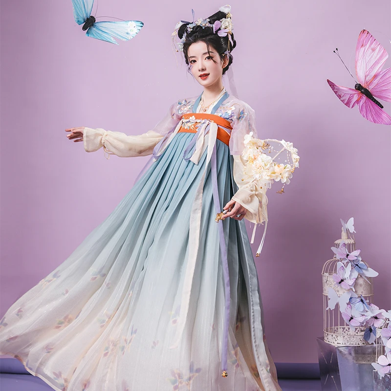 

LiuYanXiLing Original Tang Dynasty Hanfu Dress Women Sweet Butterfly Embroidered Top Gradient Dress Oriental Girl Dance Clothing