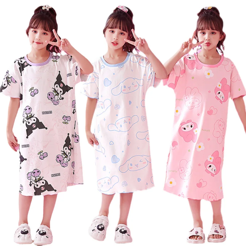 

Ночная рубашка Sanrios Kawaii аниме Mymelody Kuromi Cinnamoroll летняя Пижама с коротким рукавом комплект Милая мультяшная Одежда для девочек домашняя одежда
