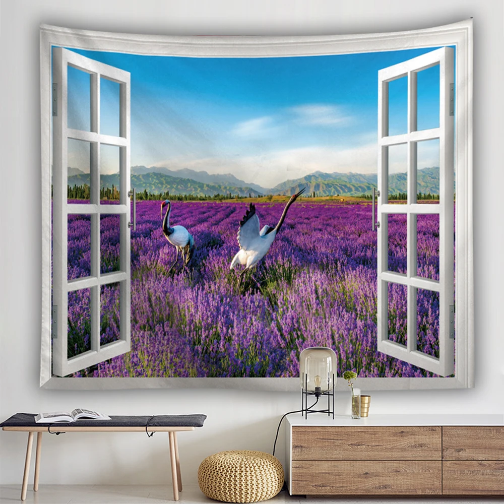 

Window Outside Lavender Plant Scenic Tapestry Dreamy Garden Purple Flower Print Tapestries Wall Hanging Bedroom Living Room Deco