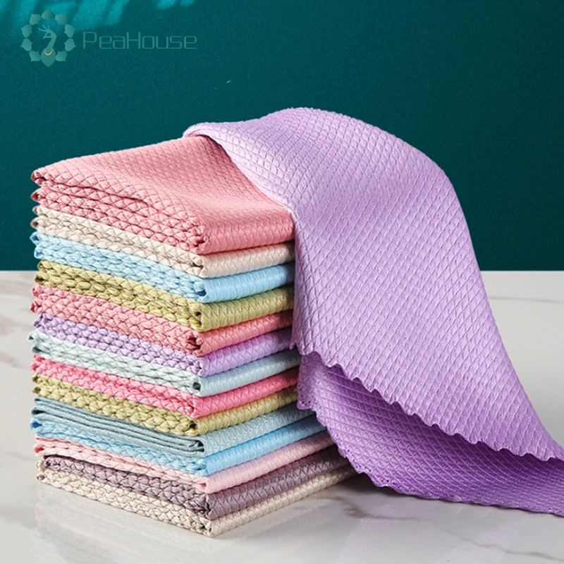 

New 5Pcs/10Pcs Kitchen Cleaning Towel Anti-Grease Wiping Rags Absorbable Fish Scale Wipe Cloth Glass Window Dish Cleaning Cloth