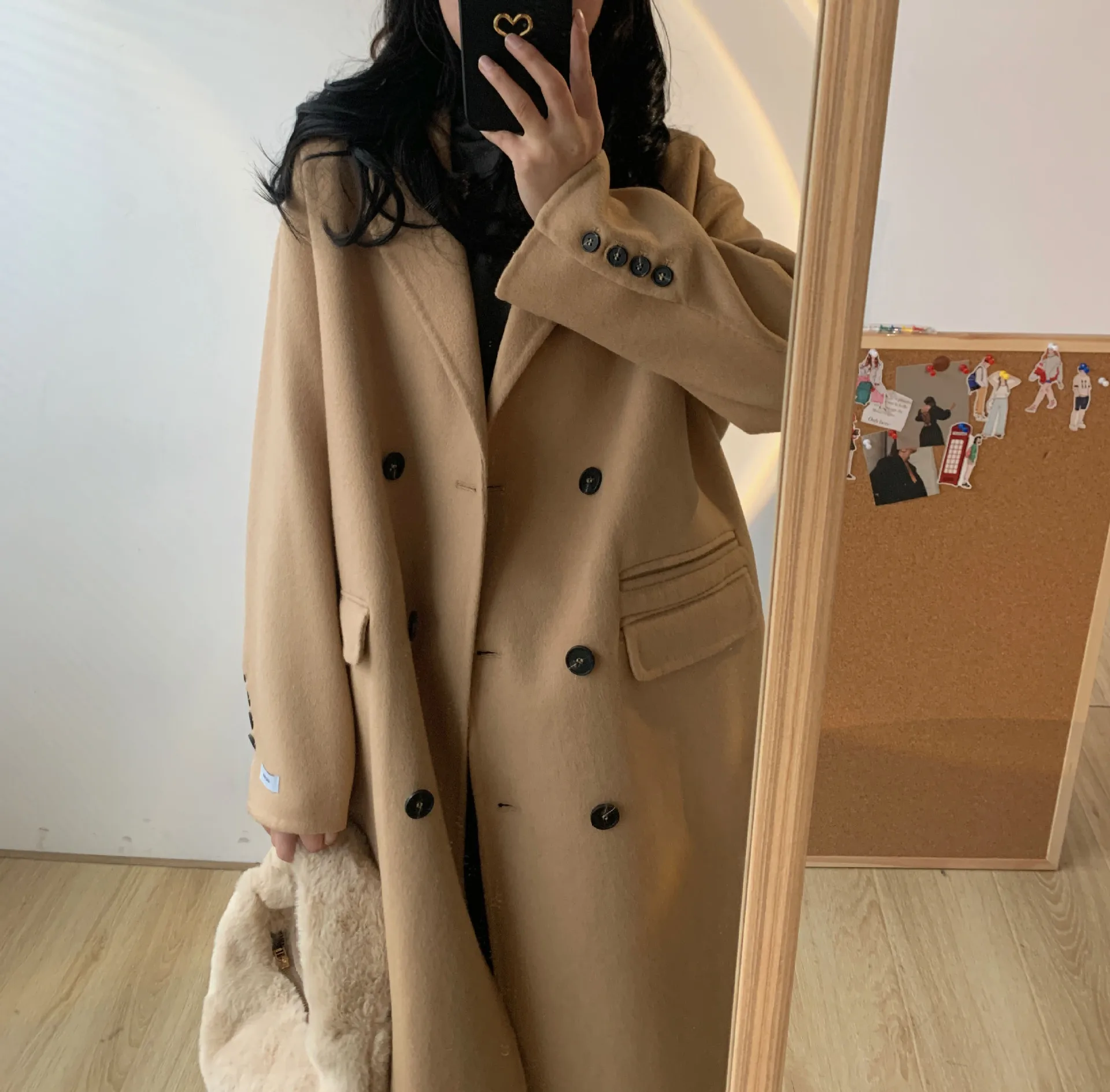 

Женское длинное кашемировое пальто, двустороннее шерстяное пальто свободного покроя, Осень-зима 2021