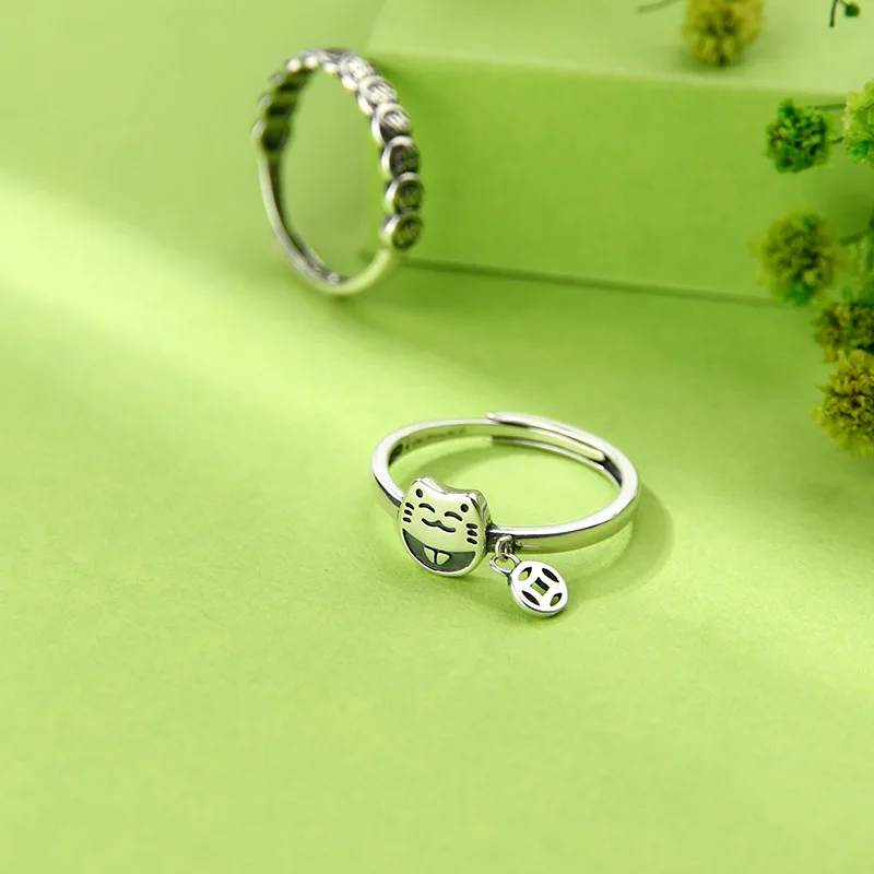

1pc Vintage Lucky Cat Money Opening Adjustable Ring Female Fashion Cute Silver Color Animal Coin Ring For Women
