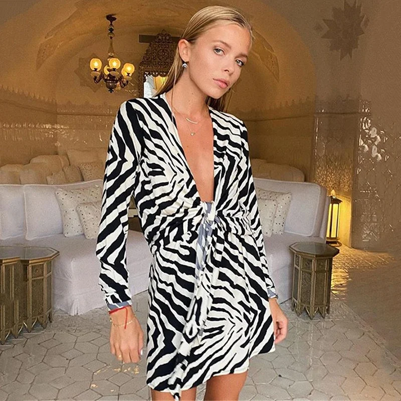 

Zoctuo 2022 Spring Long Sleeve Women Dress Elegant Deep V Mini Dresses Sexy Bodycon Zebra Party Club Streewear Female Dress Y2k