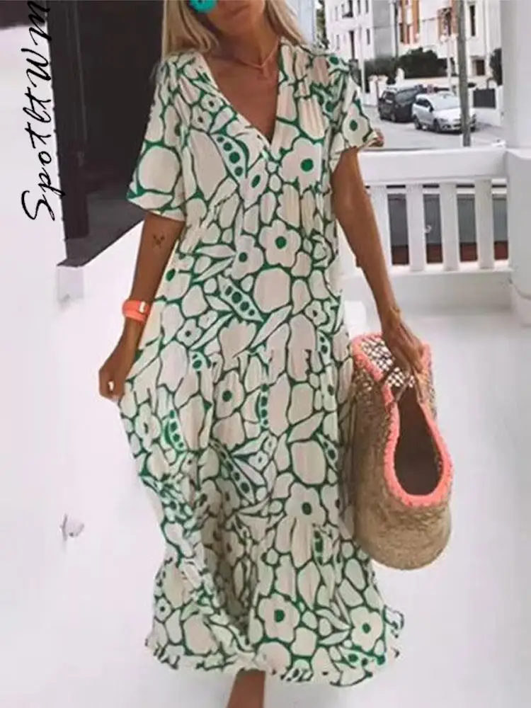 

Женское повседневное длинное платье с принтом, пикантные свободные платья с V-образным вырезом и коротким рукавом, летние повседневные пляжные халаты для отпуска