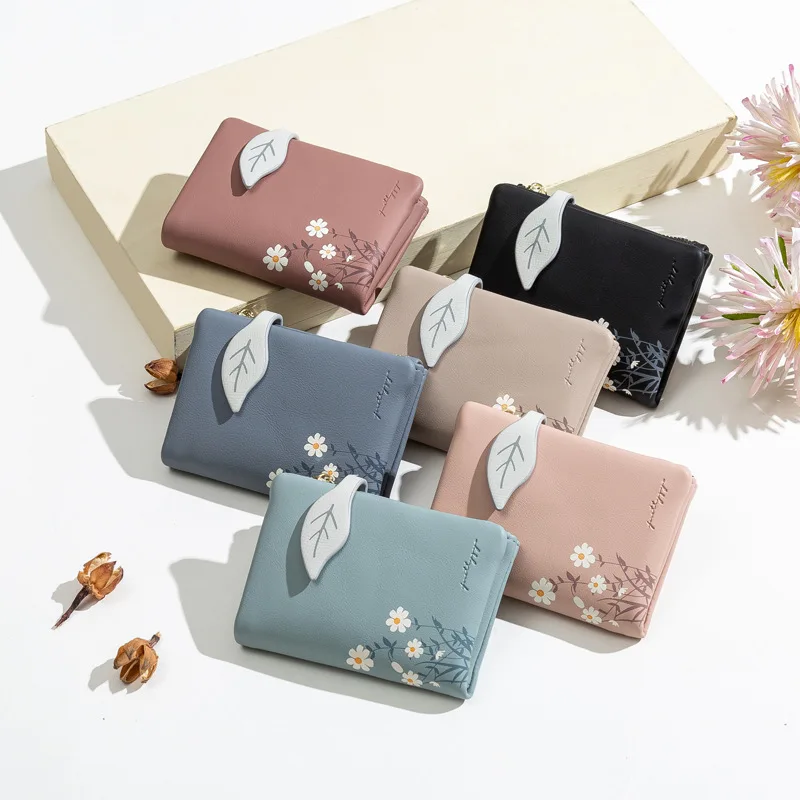 2023 New PU Leather Women's Short Wallet Small Fresh Korean Zipper Folding Coin Purse Multifunctional Buckle 2 Fold Card Holder