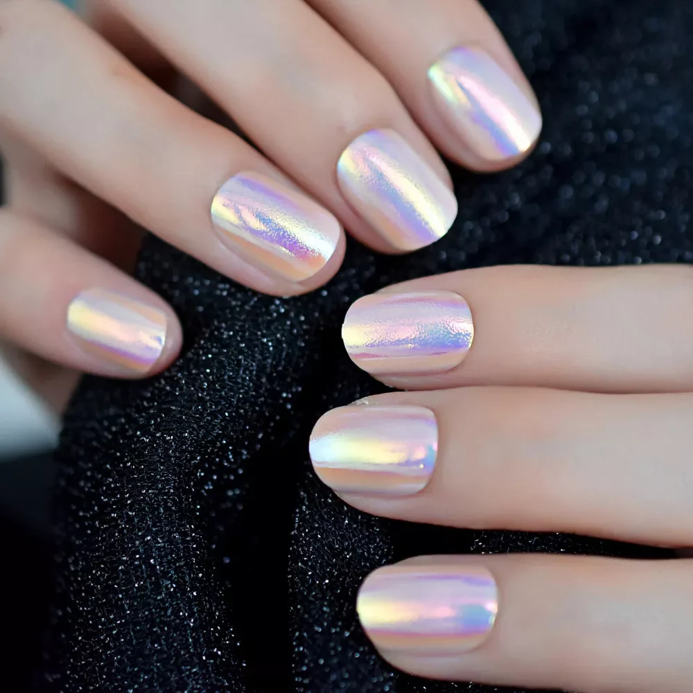 

NEW2023 Color Holo Chameleon Pink Purple False Nails Abalone Shell Gold Light Short Round Fake Nail Full Cover Finger Tips