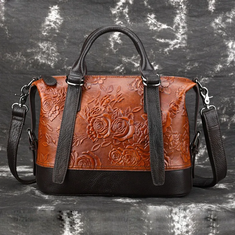 

High Quality Women Genuine Leather Shoulder Messenger Top Handle Bags Vintage Embossed Rose Pattern Ladies Handbags Leather Bag