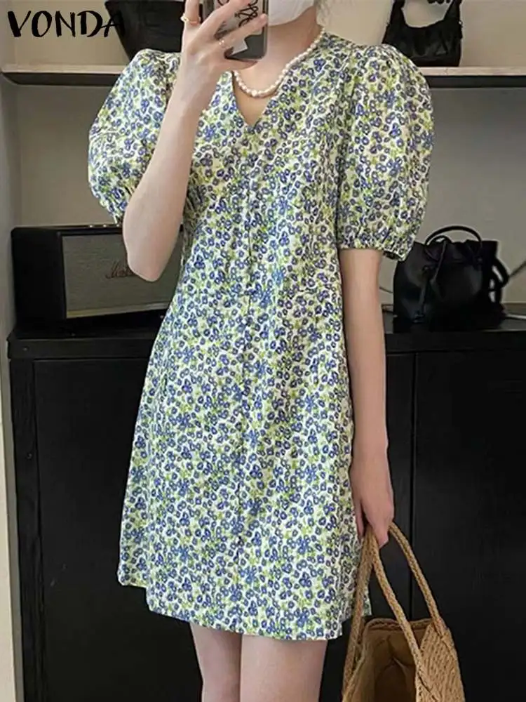 

Summer Mini Dress 2023 VONDA Women Sundress Bohemian Printed Short Sleeve Fashion Casual Loose V-Neck Holiday Beach Vestidos