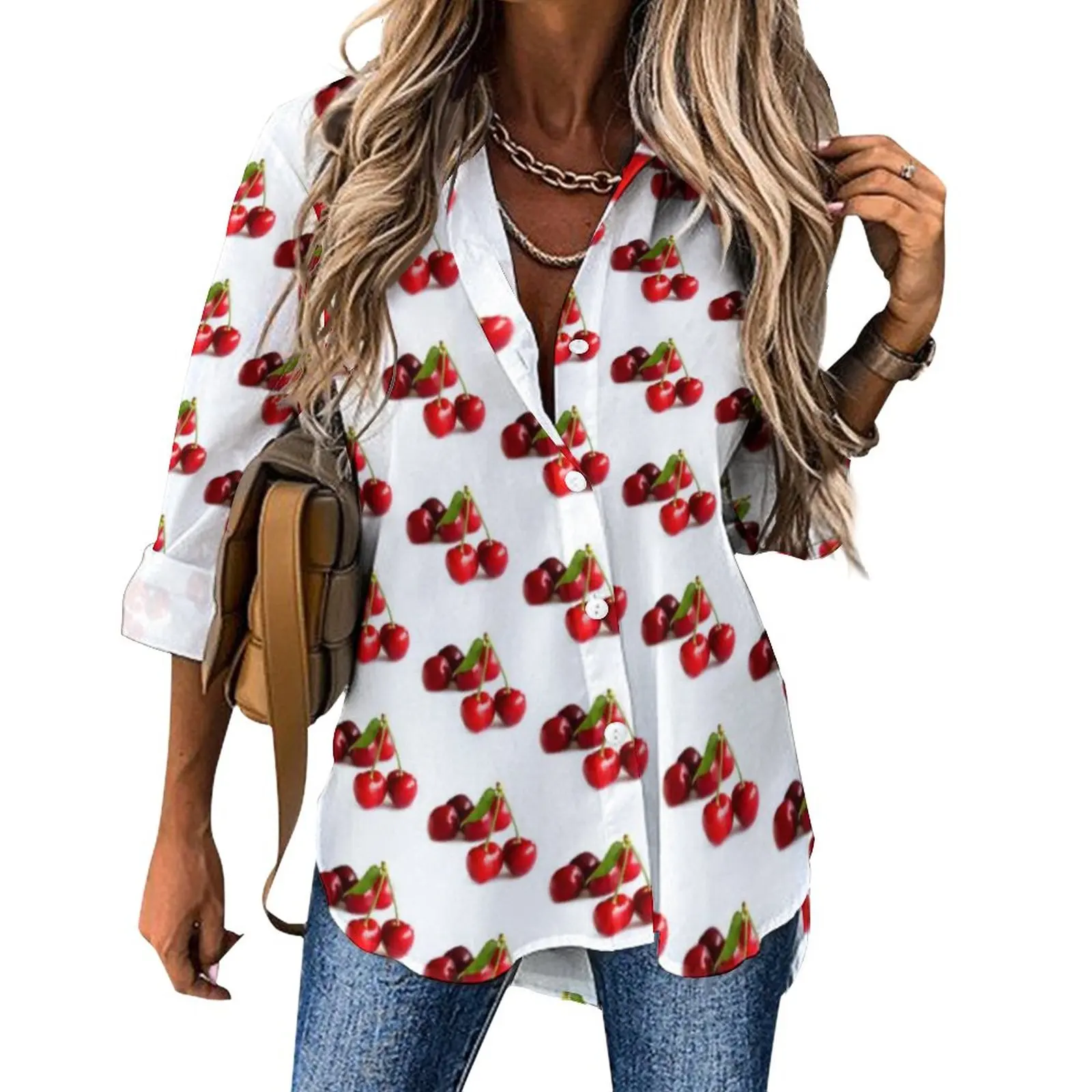 

Sweet Cherry Loose Blouse Vegetarian Street Wear Oversized Blouses Women Long-Sleeve Office Work Shirt Summer Graphic Top