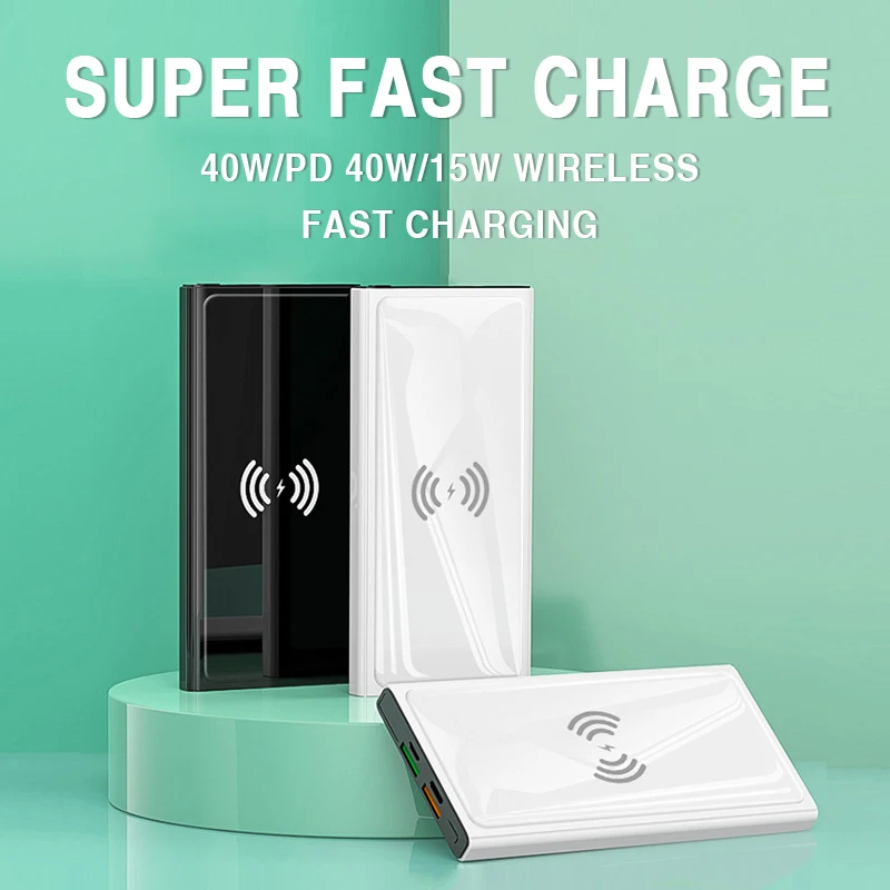 20000mAh Wireless Power Bank 40W Super Fast Charging Digital Display External Battery Built in Cables with Flashlight for phone