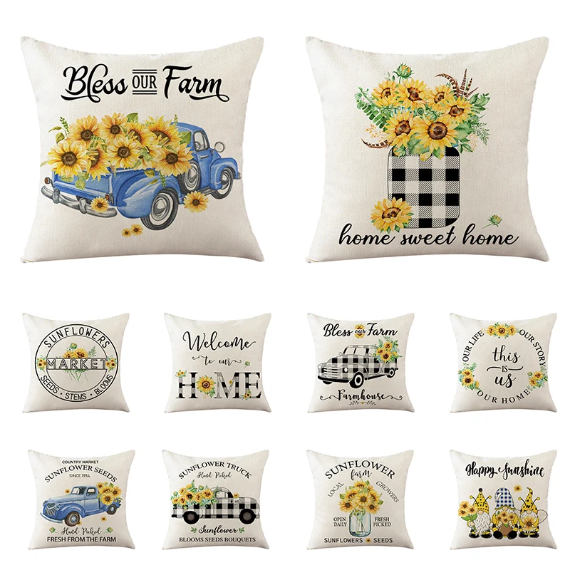 

Sunflower Truck Plaid Printed Pillow Cover 45*45cm Spring Summer Home Decor Cushion Cover Square Linen Pillowcase for Couch
