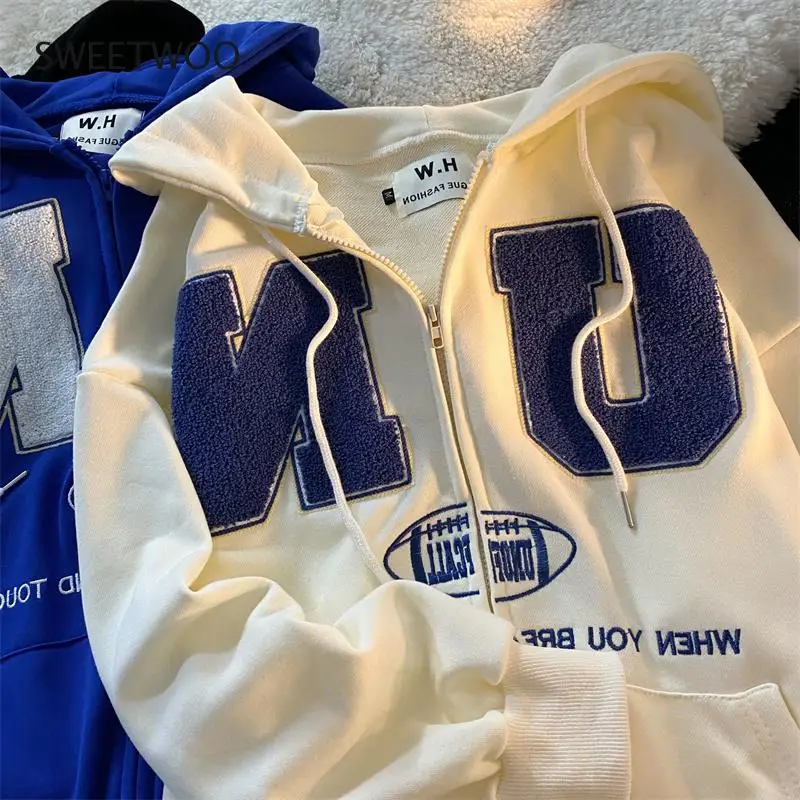 

2022 Y2k Casual Clothes Teens Vintage Retro Summer Zip Up Women Hoodie New Oversized Letter Embroidery Sweatshirts Women Tops