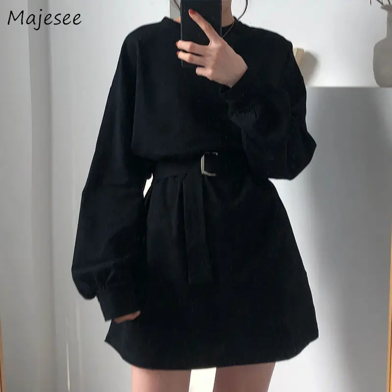 

Long Sleeve Dress Women Hot Sale 4XL Black Harajuku BF Korean Style Sashes Womens All-match Chic Simple Student Streetwear New