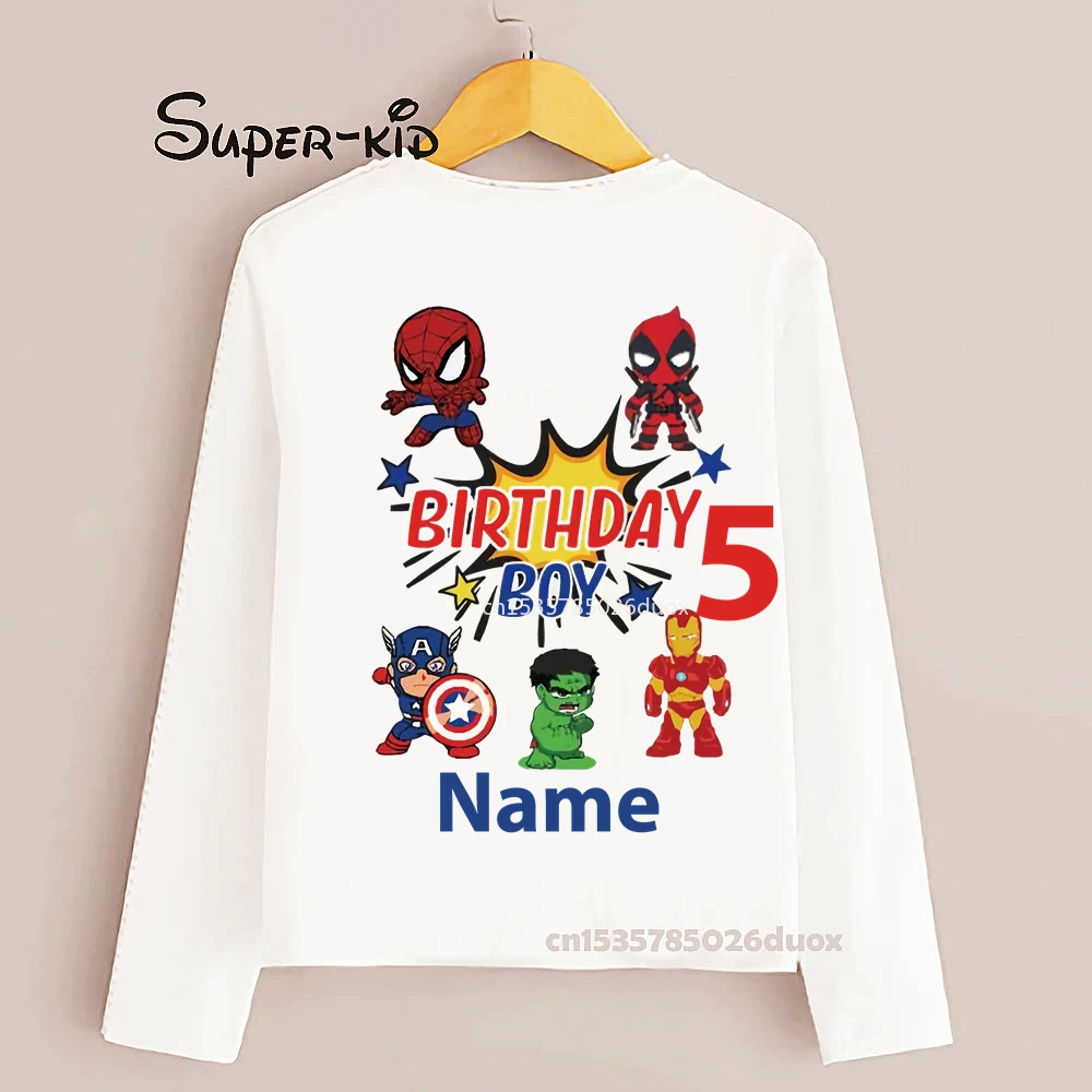 

3 4 5 6 7 8 Year Personalize Name Birthday Boy Long Sleeve T-shirt Kid MARVEL Spiderman Iron Man Hulk Birthday Party Clothes