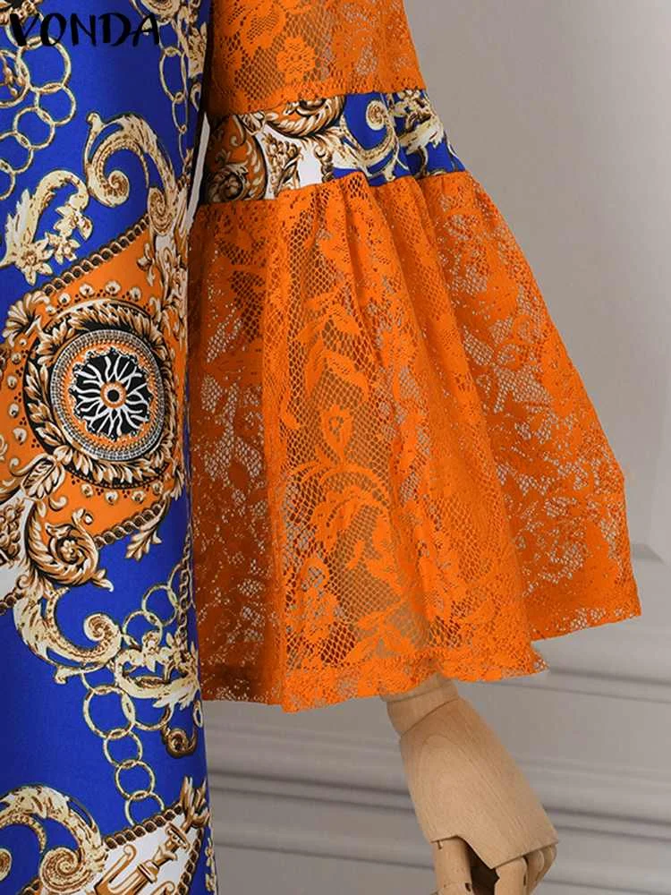 VONDA Plus Size Women 2023 Summer  Printed Maxi Dress Long Flare Sleeve Patchwork Lace Party Vestidos Casual Loose Robe Femme