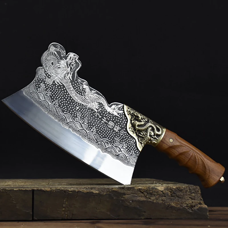 

Longquan Kitchen Knives 8.3 Inch Hanamde Forged Copper Dragon Decor Chopper Cleaver Chinese Chef Knife Bone Meat Poultry Tools