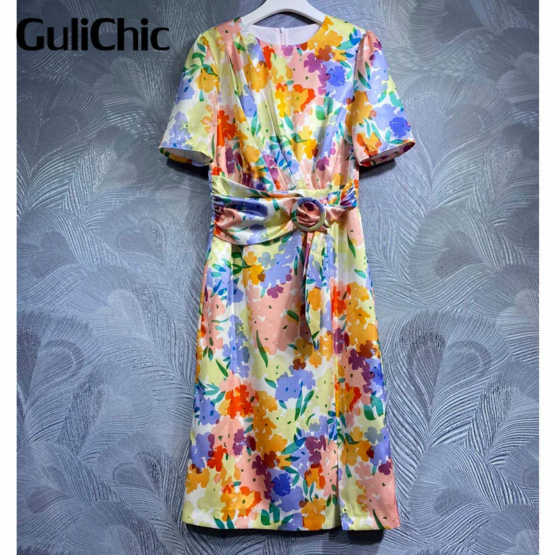 

6.7 GuliChic Holiday Fashion Colorful Print Round Neck Asymmetrical Folds Collect Waist Desing Slim Temperament Dress Women