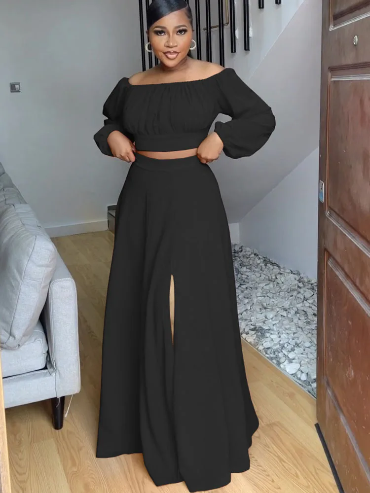 Женский костюм с юбкой и рукавом-фонариком длинное платье разрезом