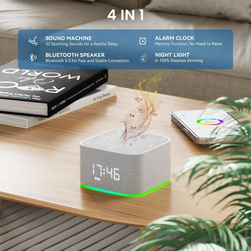 Фото НОВЫЙ будильник, звуковая машина с белым шумом, Bluetooth-динамик, красочные ночные огни 32, успокаивающие звуки, ночник, Рождественский подарок №2