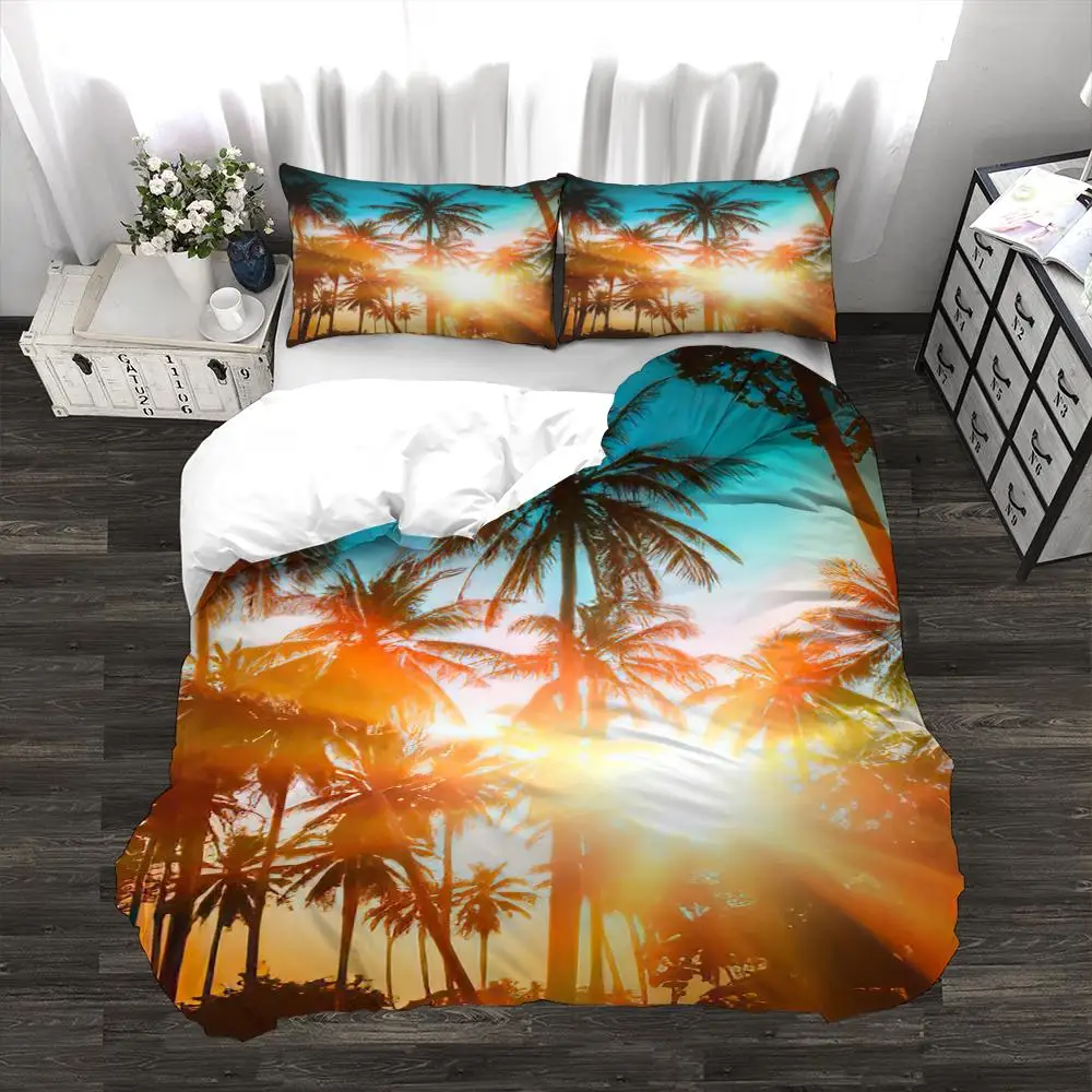 

Palm Leaves Duvet Cover Set Full Size Hawaiian Tropical Palm Tree Nature Scene Comforter Cover Sunset Dusk King Size Bedding Set